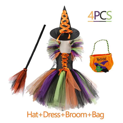 Kids Girls Witch Halloween Costume 3 Color Tulle Tutu Dress With Pointed Witch Hat Children Carnival Party Cosplay Fancy Outfit