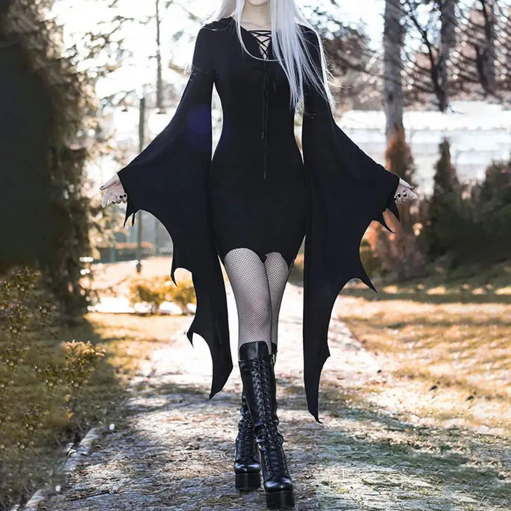 Halloween Dress Long Batwing Sleeve Solid Color Dark Style Irregular Cuff Lace Up Sheath Knee Length Halloween Party Costume