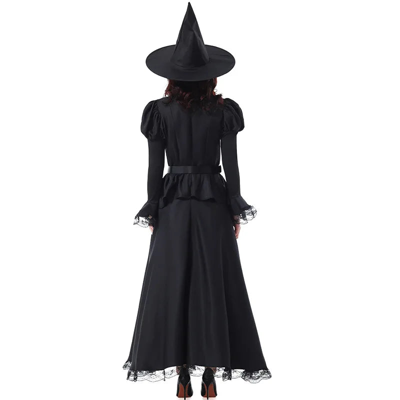 Halloween Witch Costume Women Gothic Lace Dress Sorceress Outfit Party Cosplay Stage Performance Magic Robe Carnival Clothing