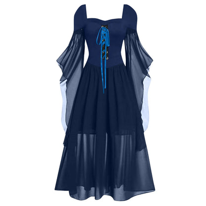 Halloween Witch Cosplay Costumes Gothic Off Shoulder Lace-up Maxi Dresses Bandage Mesh Sheer Black Long Party Dress For Women