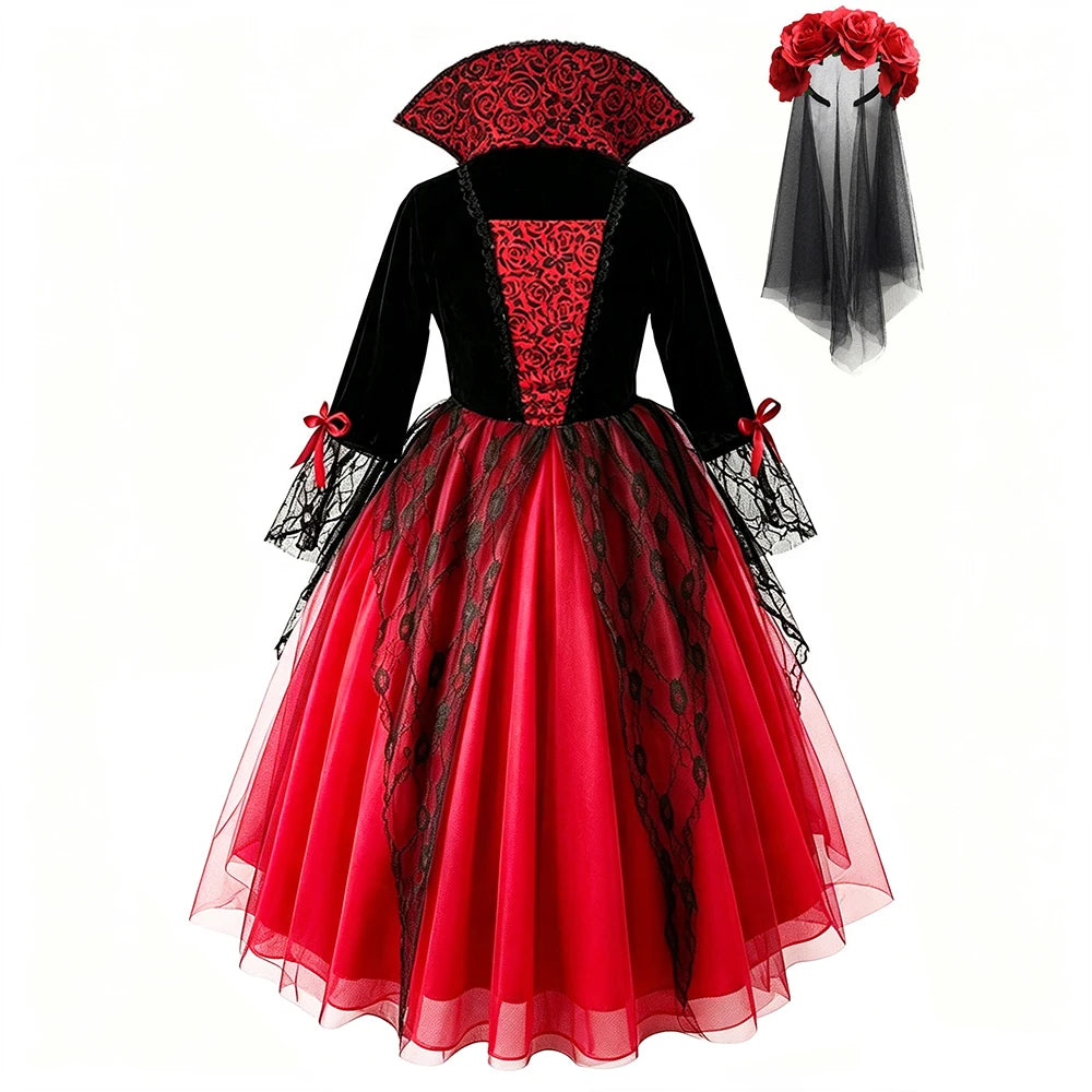 Girls Ghost Bride Halloween Costume Red Lace Dress Kids Horror Phantom Bride Cosplay Gown for Carnival Masquerade Fancy Party