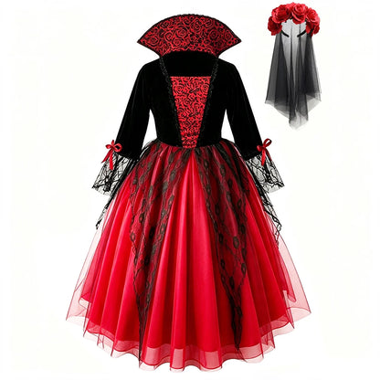 Girls Ghost Bride Halloween Costume Red Lace Dress Kids Horror Phantom Bride Cosplay Gown for Carnival Masquerade Fancy Party