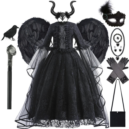 Halloween Dress For Girls Evil Witch Cosplay Costumes Children Lace Ruffles Floor Length Outfits Kids Carnival Festival Frocks