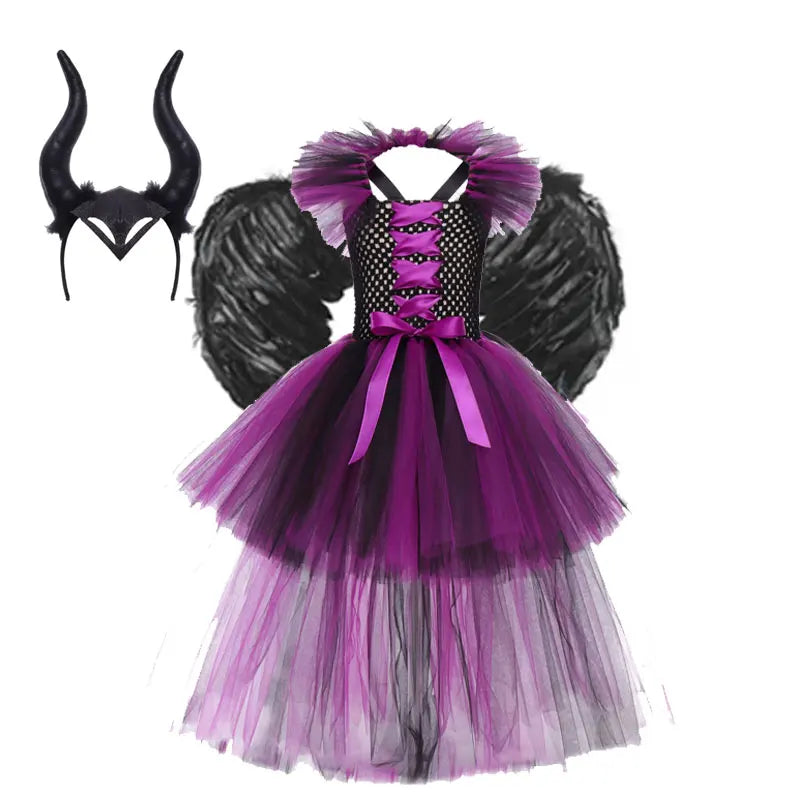 Halloween Girls Deluxe Purple Trailing Mesh Dress Kids Evil Queen Witch Cosplay Costume for Carnival Party Fancy Dress Up