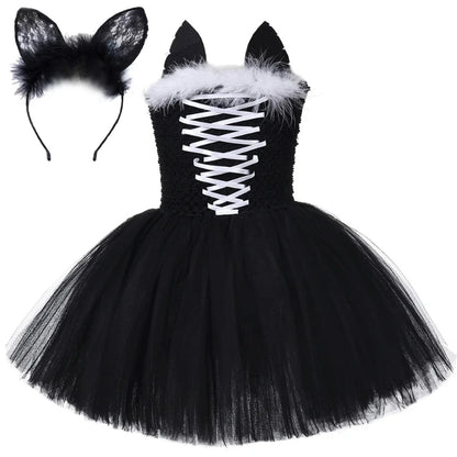 Little Girls' Black Cat Pattern Dresses, Toddler Performance Outfits, Kids' Birthday Party Clothes, Carnival & Halloween Dress