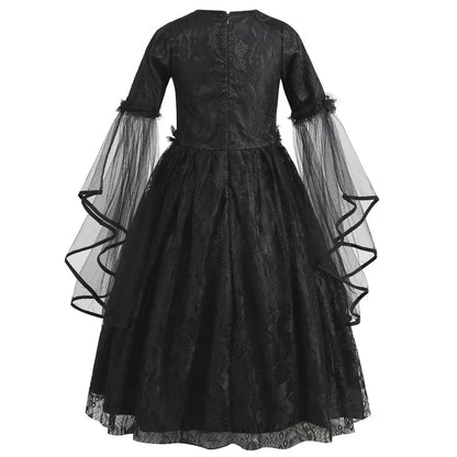Girls Gothic Vampire Halloween Costume Black Lace Long Dress Rose Hair Jewelry Fan Set Kids Dark Queen Carnival Cosplay Outfit