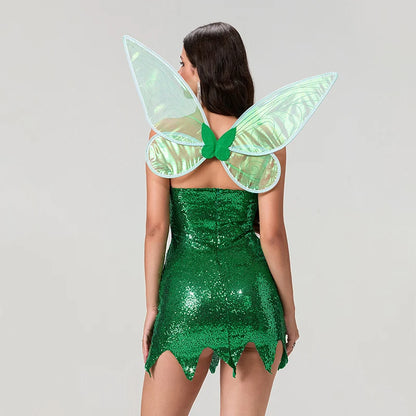 Women Halloween Green Mini Dress Strapless Glitter Costume Irregular Hem Bell Dress Fairy Tale Wings Princess Fancy Party Dress