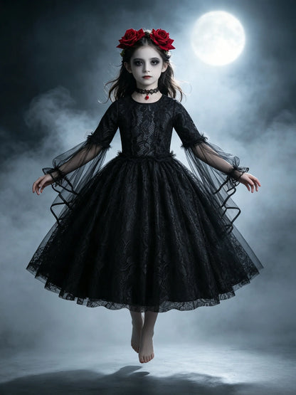 Girls Gothic Vampire Halloween Costume Black Lace Long Dress Rose Hair Jewelry Fan Set Kids Dark Queen Carnival Cosplay Outfit