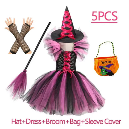 Kids Girls Witch Halloween Costume 3 Color Tulle Tutu Dress With Pointed Witch Hat Children Carnival Party Cosplay Fancy Outfit