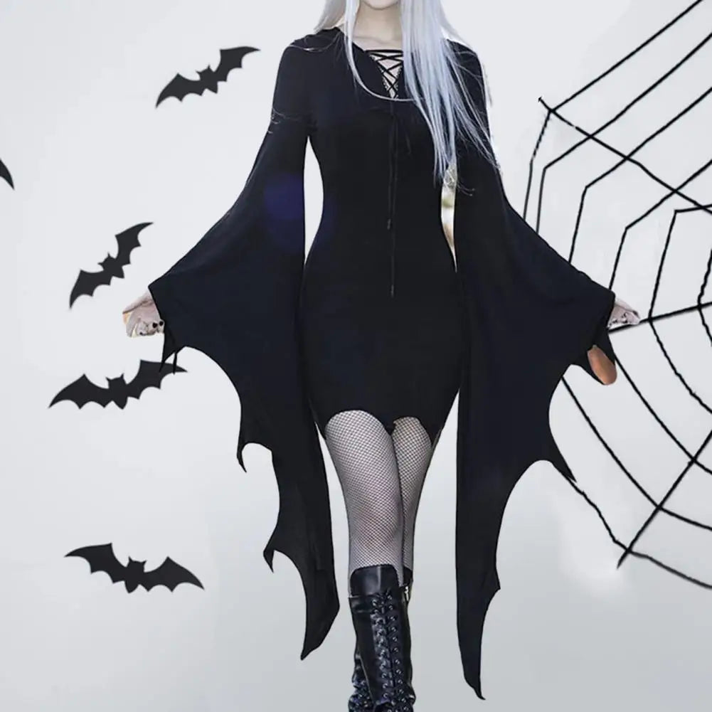 Halloween Dress Long Batwing Sleeve Solid Color Dark Style Irregular Cuff Lace Up Sheath Knee Length Halloween Party Costume