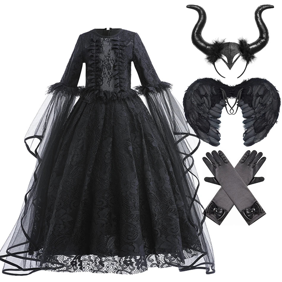 Halloween Dress For Girls Evil Witch Cosplay Costumes Children Lace Ruffles Floor Length Outfits Kids Carnival Festival Frocks
