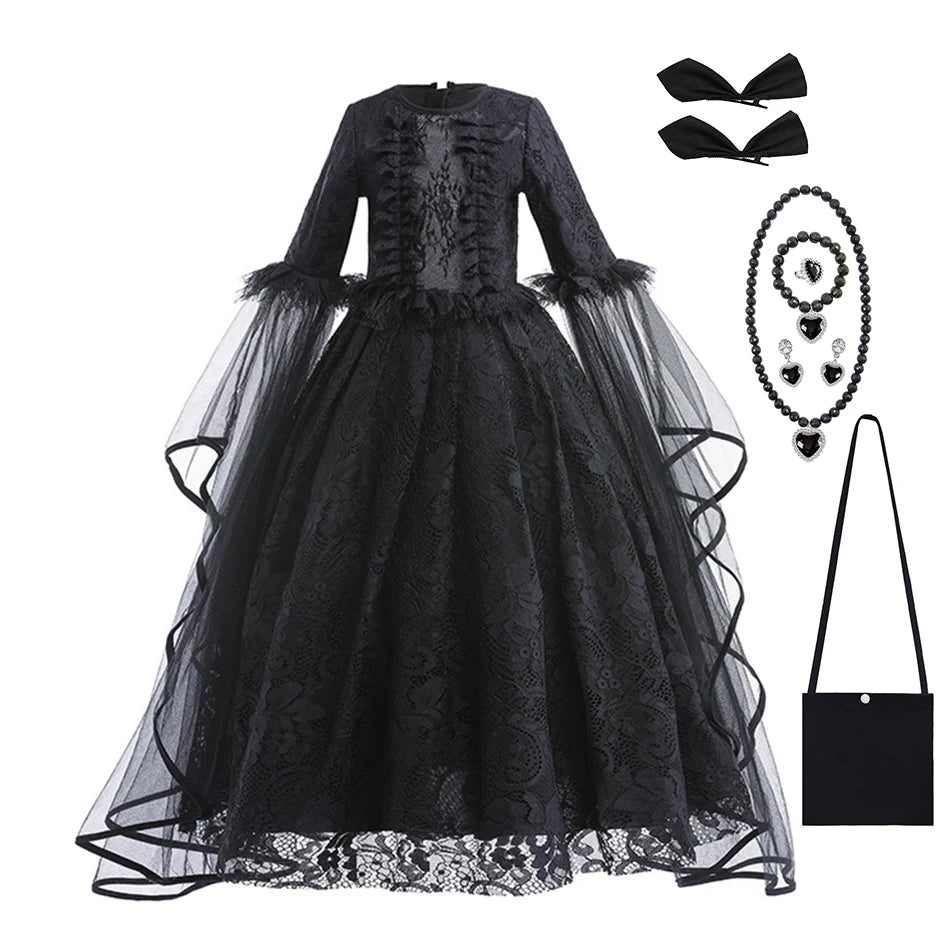 Halloween Dress For Girls Evil Witch Cosplay Costumes Children Lace Ruffles Floor Length Outfits Kids Carnival Festival Frocks