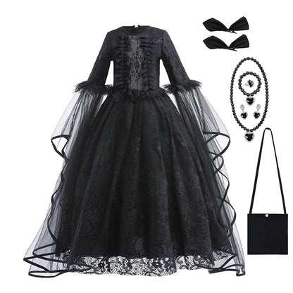 Halloween Dress For Girls Evil Witch Cosplay Costumes Children Lace Ruffles Floor Length Outfits Kids Carnival Festival Frocks