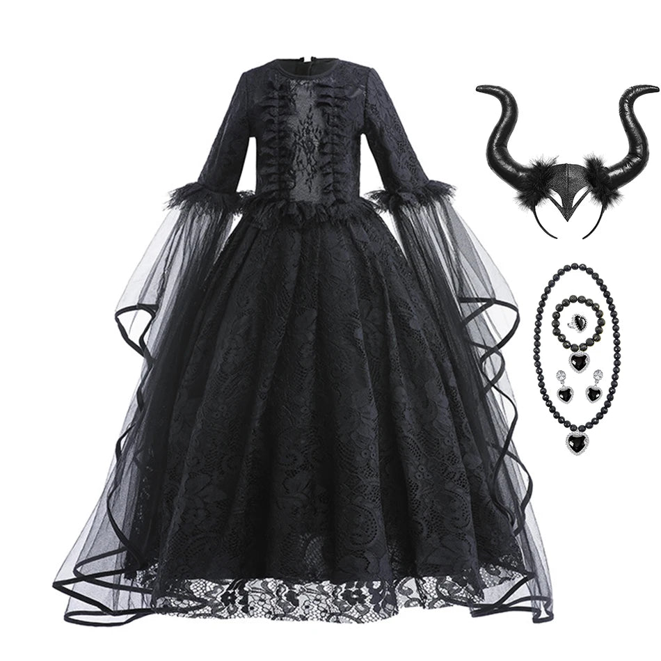 Halloween Dress For Girls Evil Witch Cosplay Costumes Children Lace Ruffles Floor Length Outfits Kids Carnival Festival Frocks