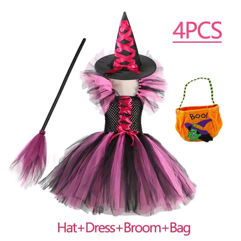 Kids Girls Witch Halloween Costume 3 Color Tulle Tutu Dress With Pointed Witch Hat Children Carnival Party Cosplay Fancy Outfit