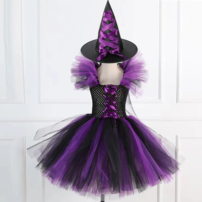 Kids Girls Witch Halloween Costume 3 Color Tulle Tutu Dress With Pointed Witch Hat Children Carnival Party Cosplay Fancy Outfit