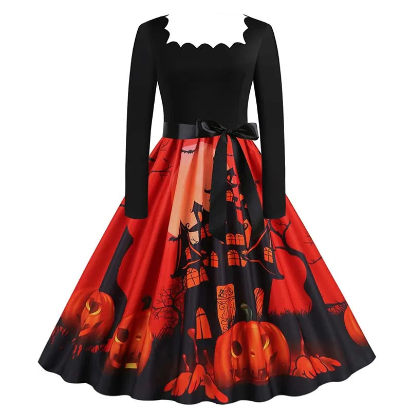 Halloween Dress For Women Square Collar Long Sleeve Print Vintage Evening Party Elegant Autumn Winter Midi Sundress
