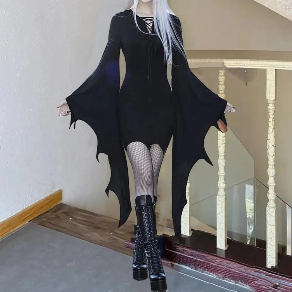 Halloween Dress Long Batwing Sleeve Solid Color Dark Style Irregular Cuff Lace Up Sheath Knee Length Halloween Party Costume