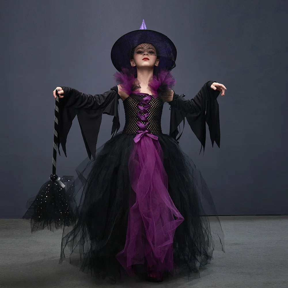 Disguise Girls Hocus Pocus Salem Witch Sisters Costume  Halloween Fancy Gown Tutu Dress With Cape For Cosplay Party Outfit