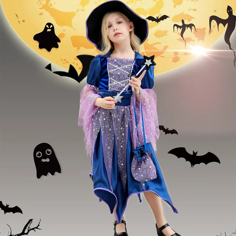 Halloween Girl Plays Witch Blue Cute Dress and Comes With Witch Hat Magic Wand Bag Four-piece Set Birthday Party Carnival Dress