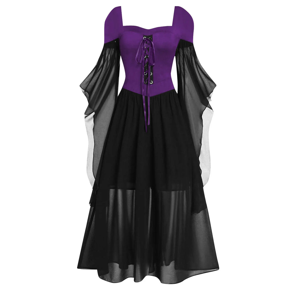 Halloween Witch Cosplay Costumes Gothic Off Shoulder Lace-up Maxi Dresses Bandage Mesh Sheer Black Long Party Dress For Women