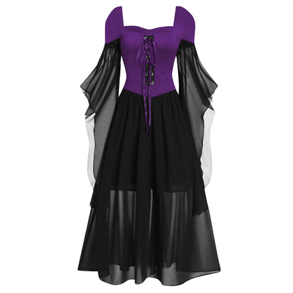 Halloween Witch Cosplay Costumes Gothic Off Shoulder Lace-up Maxi Dresses Bandage Mesh Sheer Black Long Party Dress For Women