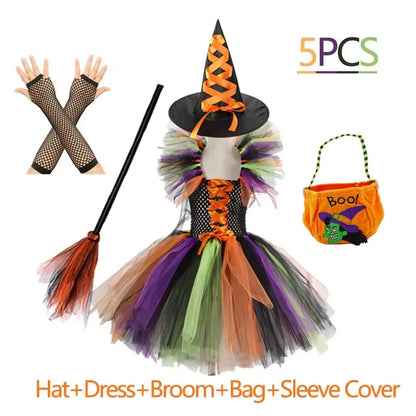 Kids Girls Witch Halloween Costume 3 Color Tulle Tutu Dress With Pointed Witch Hat Children Carnival Party Cosplay Fancy Outfit