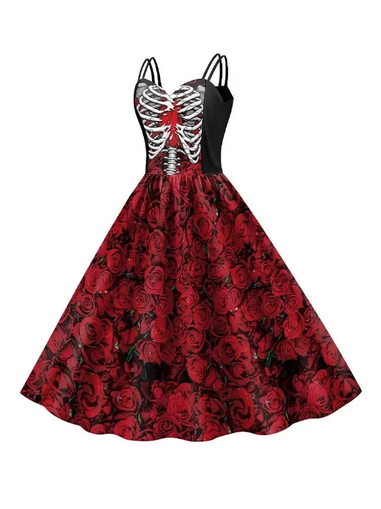 Halloween New Costumes for Women Skull Print Halter Dress Sleeveless Tunic Vintage Party Dresses Goth Clothes Masquerade Vestido