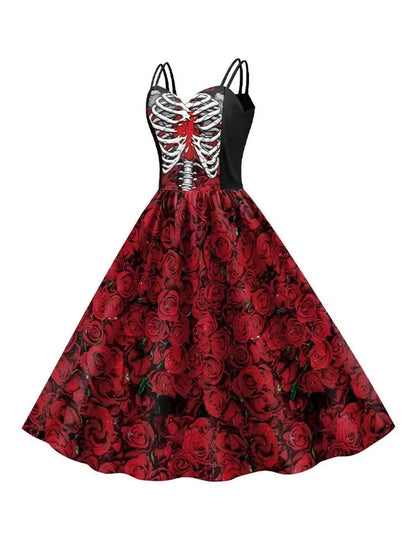 Halloween New Costumes for Women Skull Print Halter Dress Sleeveless Tunic Vintage Party Dresses Goth Clothes Masquerade Vestido