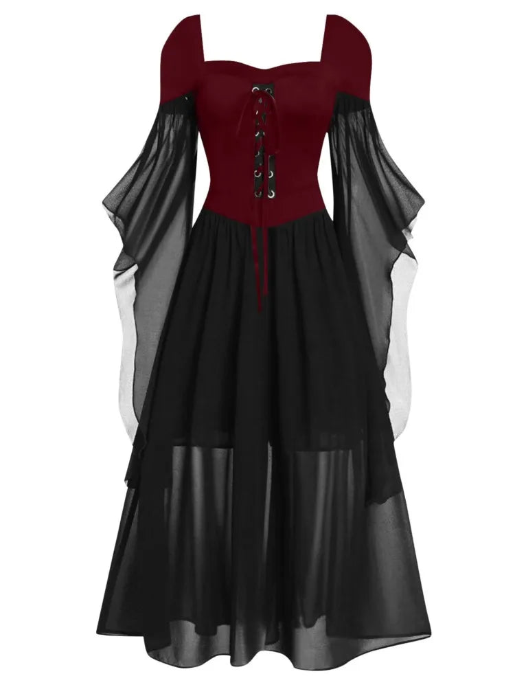 Halloween Witch Cosplay Costumes Gothic Off Shoulder Lace-up Maxi Dresses Bandage Mesh Sheer Black Long Party Dress For Women
