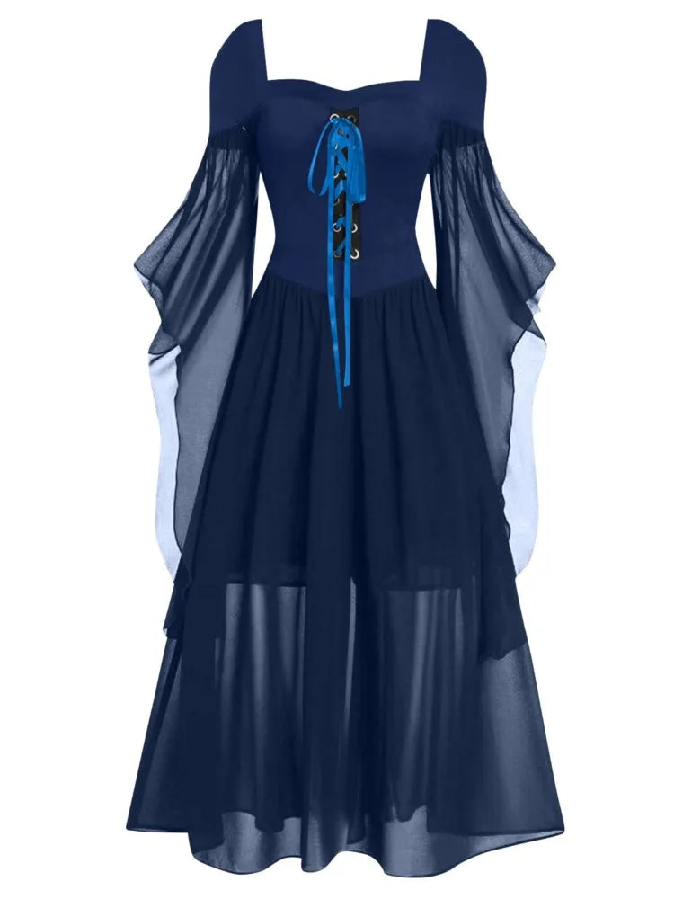 Halloween Witch Cosplay Costumes Gothic Off Shoulder Lace-up Maxi Dresses Bandage Mesh Sheer Black Long Party Dress For Women