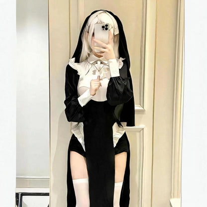 Sexy Nun Costume Dress Halloween Themed Transformation Elegant Slimming Maid Style Dress Cosplay Fashionable Women's Outfit