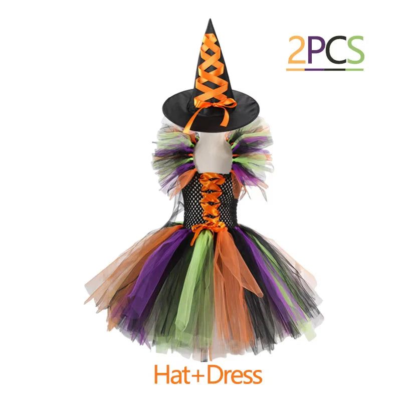 Kids Girls Witch Halloween Costume 3 Color Tulle Tutu Dress With Pointed Witch Hat Children Carnival Party Cosplay Fancy Outfit