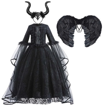 Halloween Dress For Girls Evil Witch Cosplay Costumes Children Lace Ruffles Floor Length Outfits Kids Carnival Festival Frocks