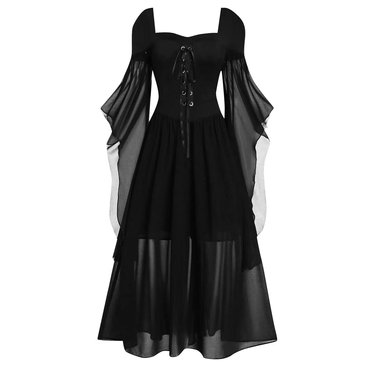 Halloween Witch Cosplay Costumes Gothic Off Shoulder Lace-up Maxi Dresses Bandage Mesh Sheer Black Long Party Dress For Women
