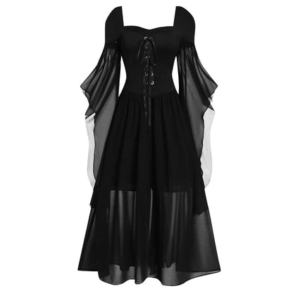 Halloween Witch Cosplay Costumes Gothic Off Shoulder Lace-up Maxi Dresses Bandage Mesh Sheer Black Long Party Dress For Women