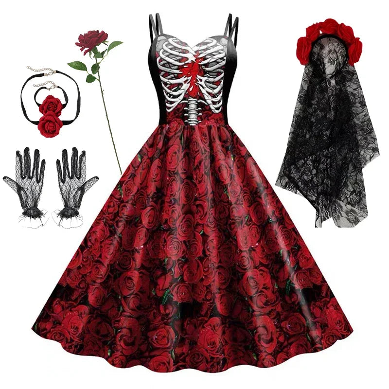Halloween New Costumes for Women Skull Print Halter Dress Sleeveless Tunic Vintage Party Dresses Goth Clothes Masquerade Vestido