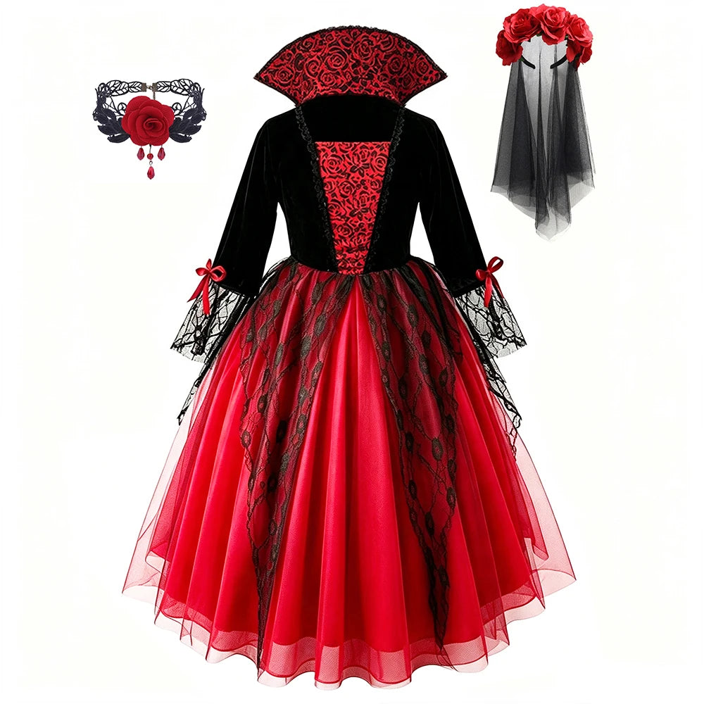 Girls Ghost Bride Halloween Costume Red Lace Dress Kids Horror Phantom Bride Cosplay Gown for Carnival Masquerade Fancy Party