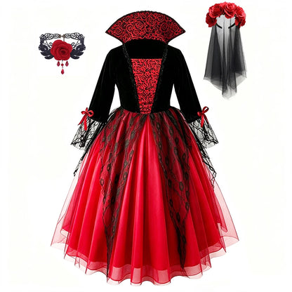 Girls Ghost Bride Halloween Costume Red Lace Dress Kids Horror Phantom Bride Cosplay Gown for Carnival Masquerade Fancy Party