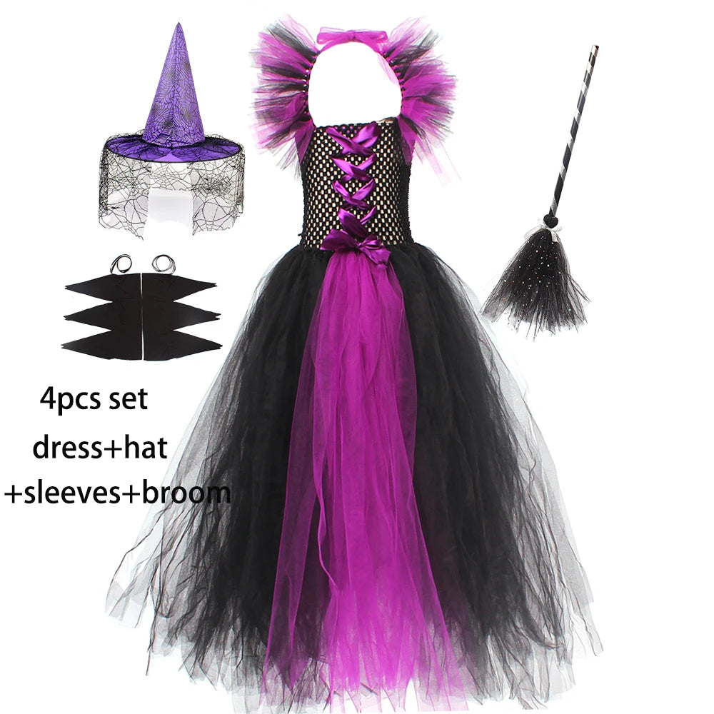 Disguise Girls Hocus Pocus Salem Witch Sisters Costume  Halloween Fancy Gown Tutu Dress With Cape For Cosplay Party Outfit