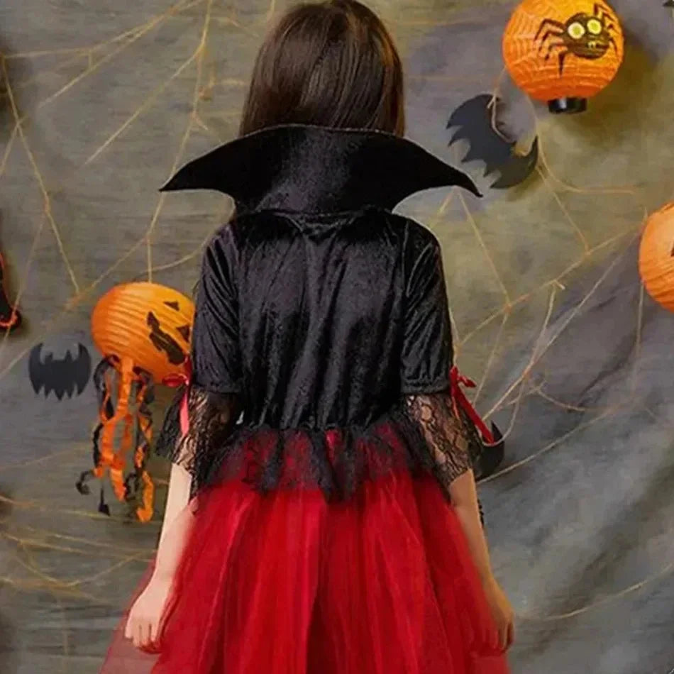 Girls Ghost Bride Halloween Costume Red Lace Dress Kids Horror Phantom Bride Cosplay Gown for Carnival Masquerade Fancy Party