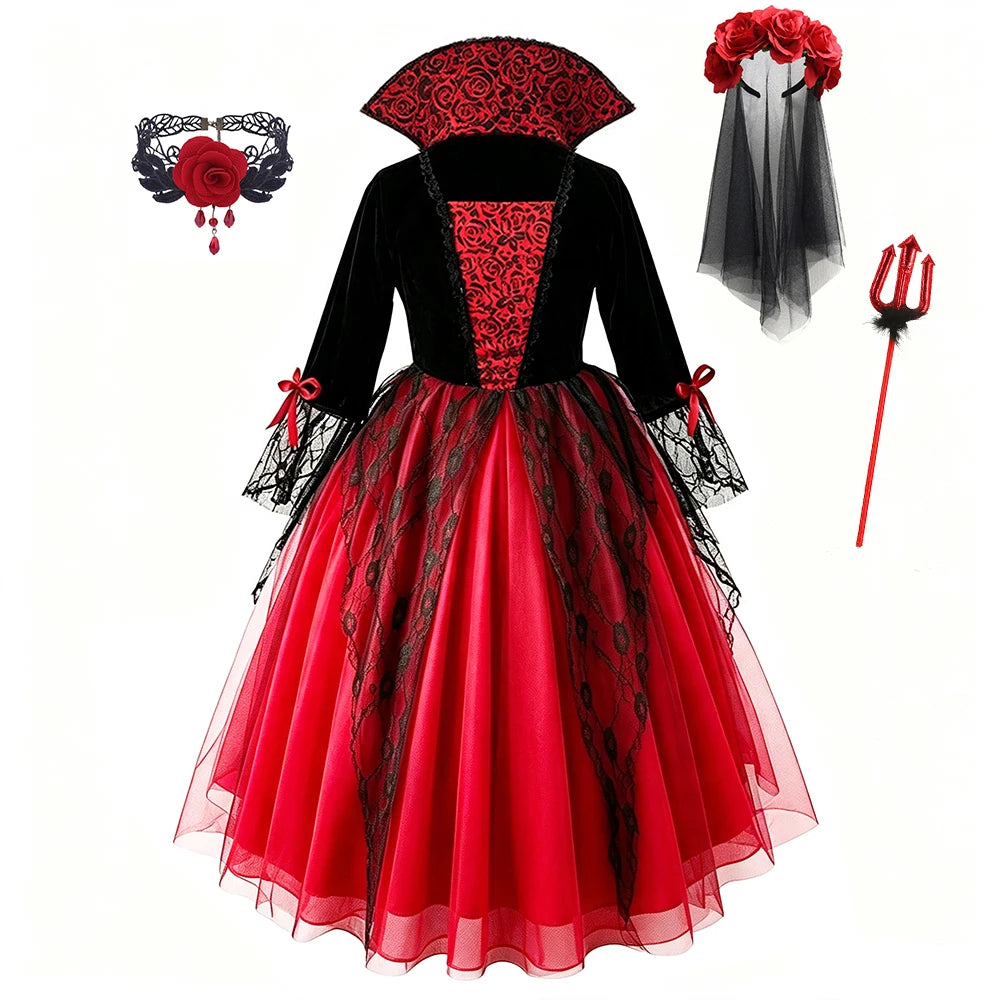 Girls Ghost Bride Halloween Costume Red Lace Dress Kids Horror Phantom Bride Cosplay Gown for Carnival Masquerade Fancy Party