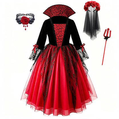 Girls Ghost Bride Halloween Costume Red Lace Dress Kids Horror Phantom Bride Cosplay Gown for Carnival Masquerade Fancy Party