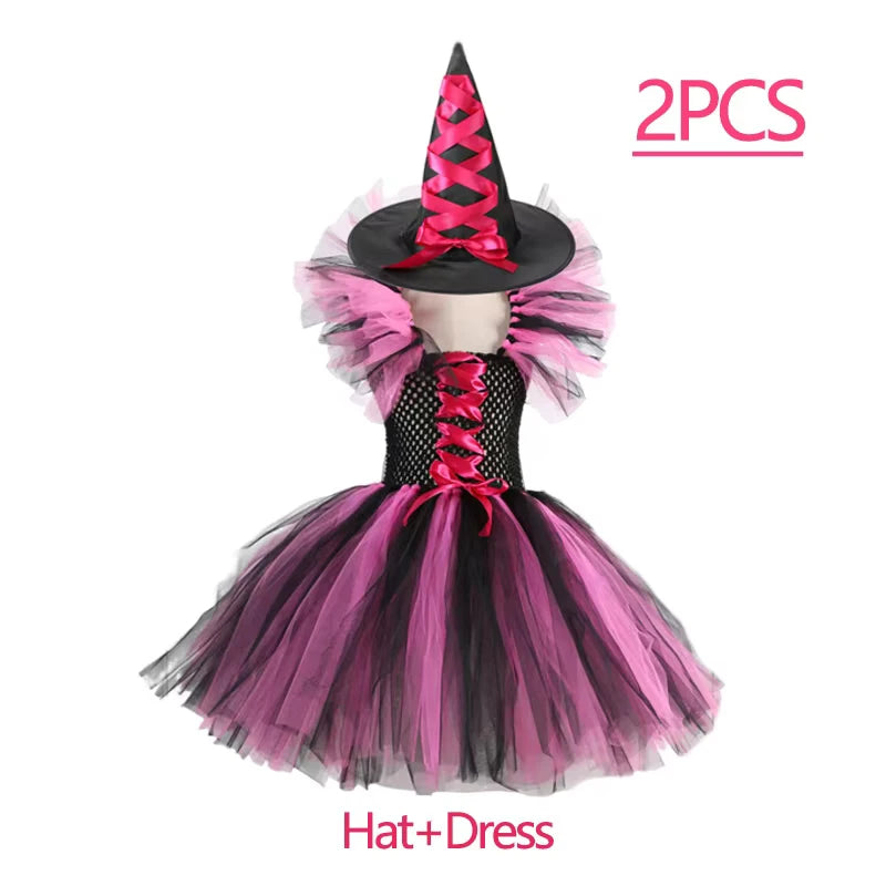 Kids Girls Witch Halloween Costume 3 Color Tulle Tutu Dress With Pointed Witch Hat Children Carnival Party Cosplay Fancy Outfit