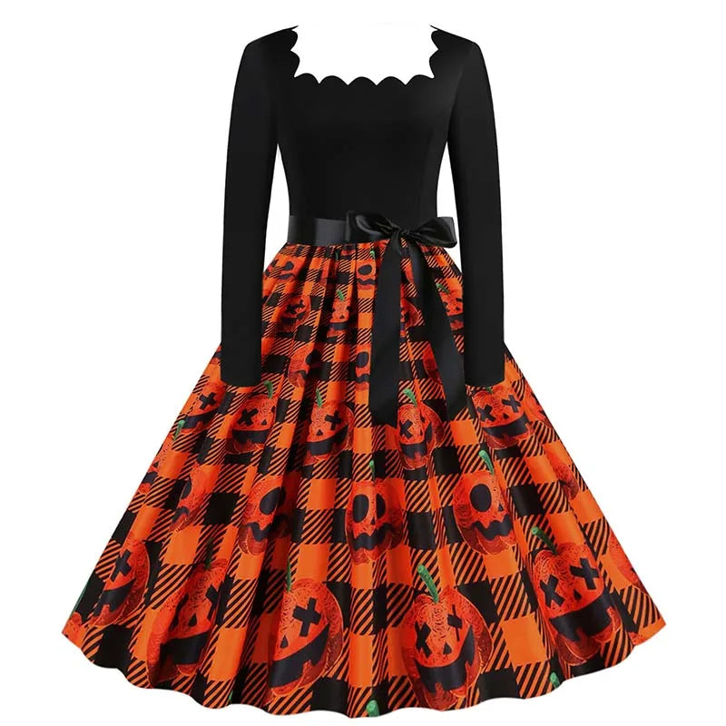 Halloween Dress For Women Square Collar Long Sleeve Print Vintage Evening Party Elegant Autumn Winter Midi Sundress