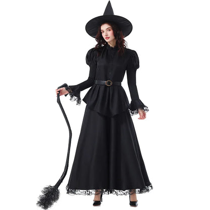 Halloween Witch Costume Women Gothic Lace Dress Sorceress Outfit Party Cosplay Stage Performance Magic Robe Carnival Clothing