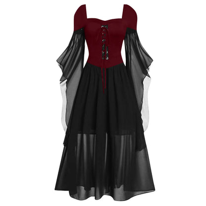 Halloween Witch Cosplay Costumes Gothic Off Shoulder Lace-up Maxi Dresses Bandage Mesh Sheer Black Long Party Dress For Women