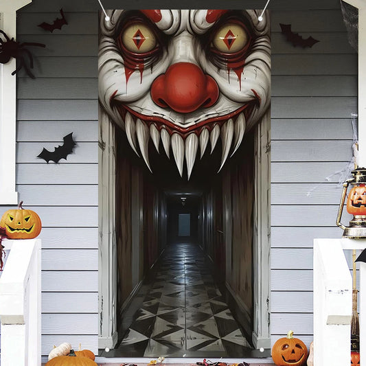 Halloween Decorations Door Cover,Spooky Witch and Zombie Theme Wall Decor,Indoor Outdoor Haunted House Themed Decoration 2D Scen