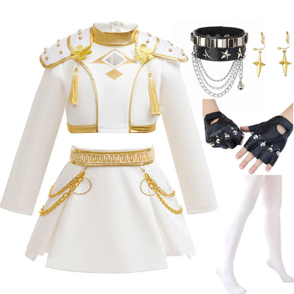 2026 New Halloween Carnival Theme Party Girls Cosplay Fashion Cute White Long Sleeves Dress + Accessories Set 3-10 Years Old