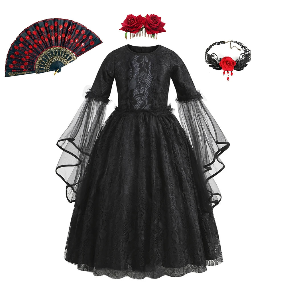 Girls Gothic Vampire Halloween Costume Black Lace Long Dress Rose Hair Jewelry Fan Set Kids Dark Queen Carnival Cosplay Outfit